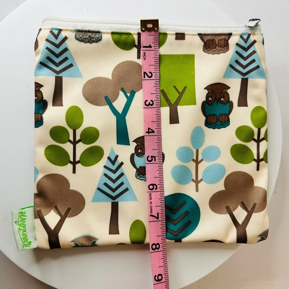 WEGREECO Set of 3 Green Blue and Brown Owl Print Reusable Zip Top Utility Bags